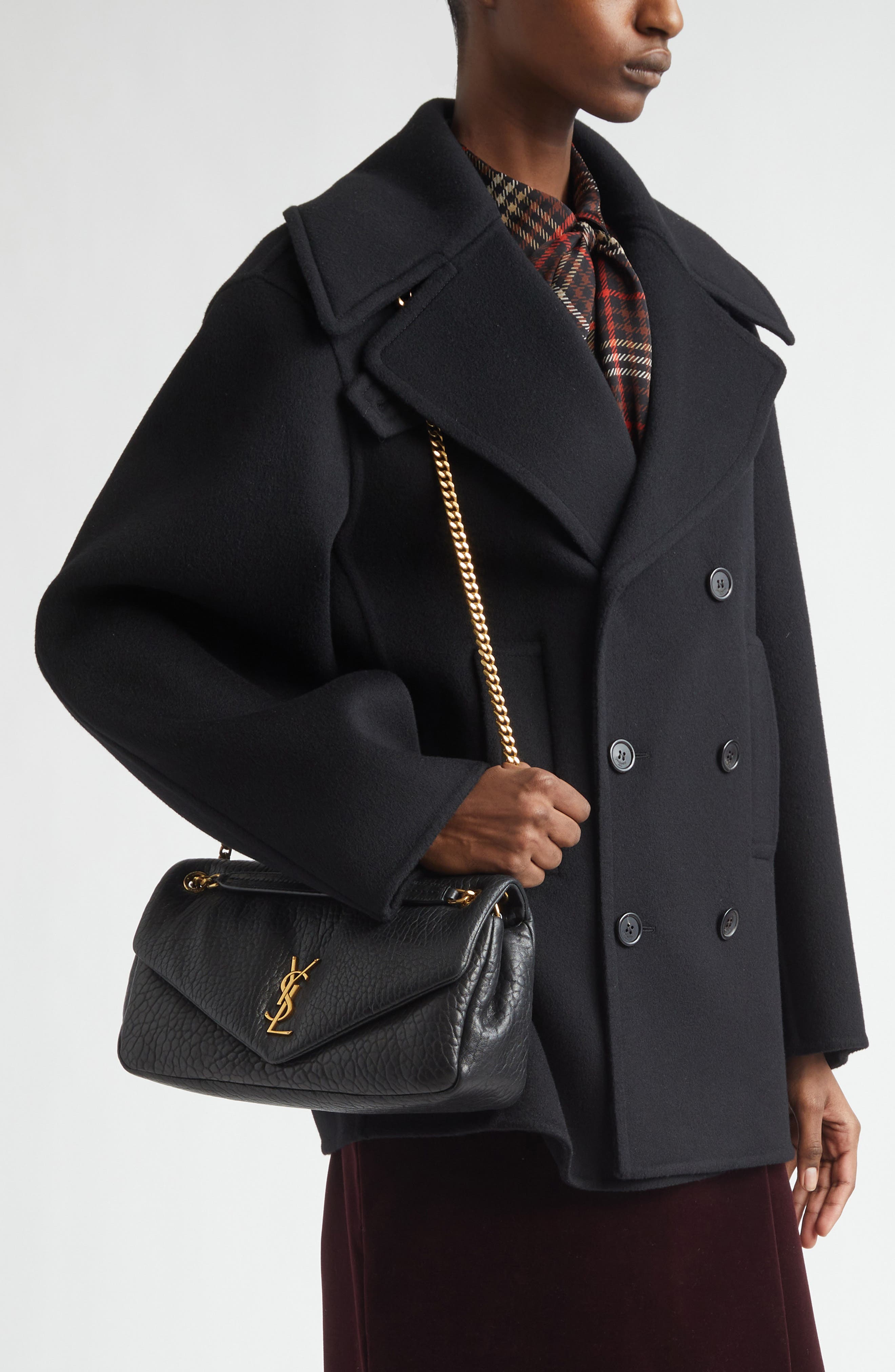 Saint Laurent Medium Calypso Leather Shoulder Bag, Alternate, color, Noir