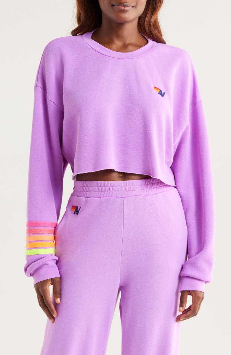 Aviator Nation Rugby Stitch Crop Sweatshirt, Main, color, Neon Purple/ Neon