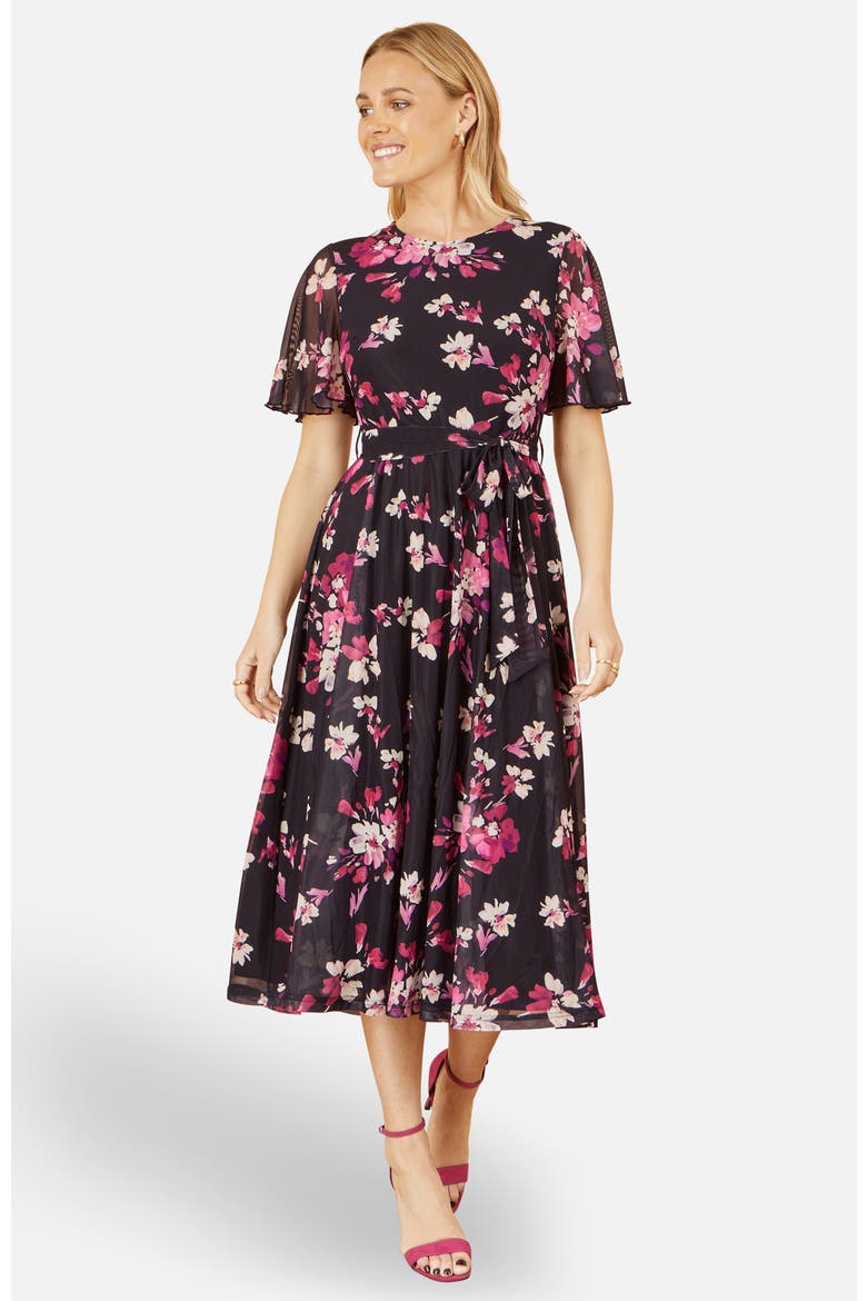 Mesh Skater Floral Midi Dress, Alternate, color, Black