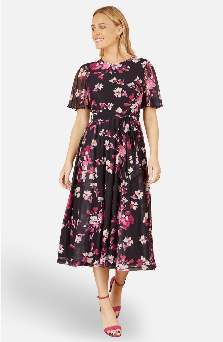 Yumi Mesh Skater Floral Midi Dress, Alternate, color,