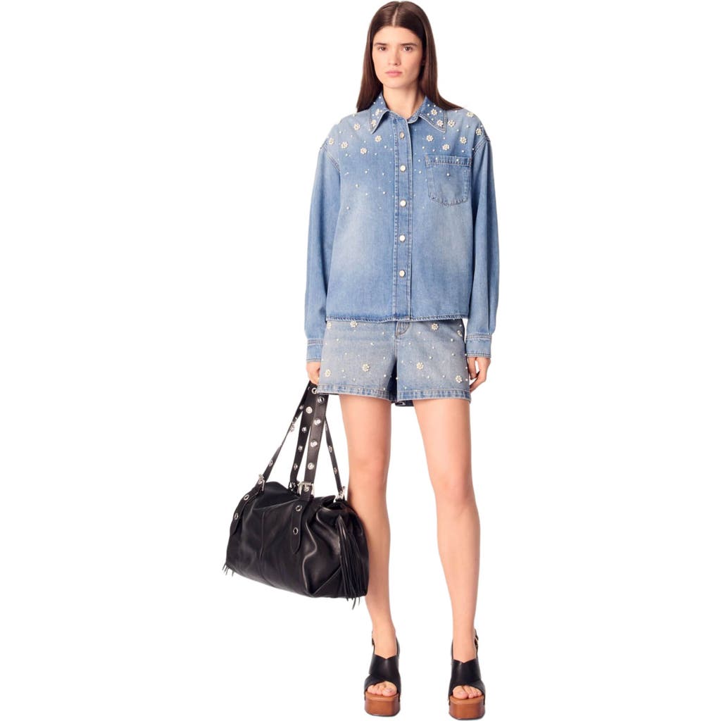 Maje Denim Shirt With Embroidered Beads In Blue