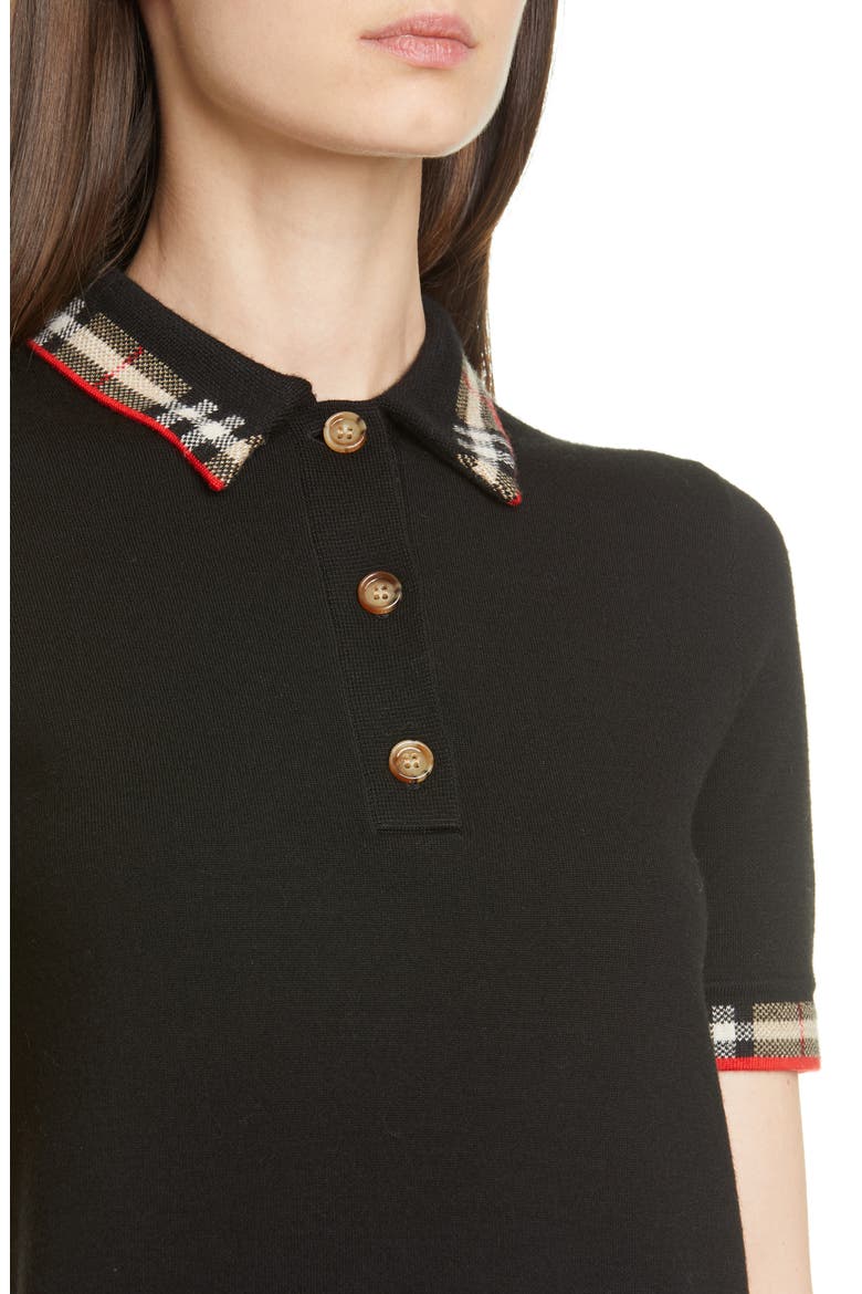 Lola Check Trim Merino Wool Blend Polo Sweater, Alternate, color, BLACK