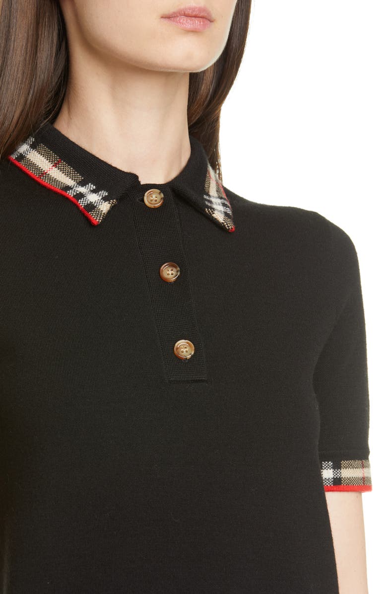 Burberry Lola Check Trim Merino Wool Blend Polo Sweater, Alternate, color, 