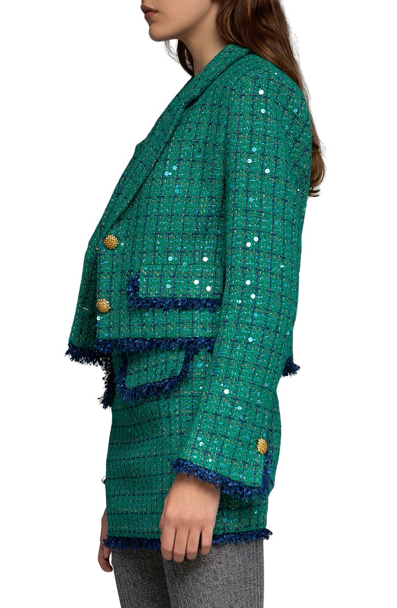 Endless Rose Premium Fringe Sequin Crop Tweed Jacket, Alternate, color, Green/ Navy