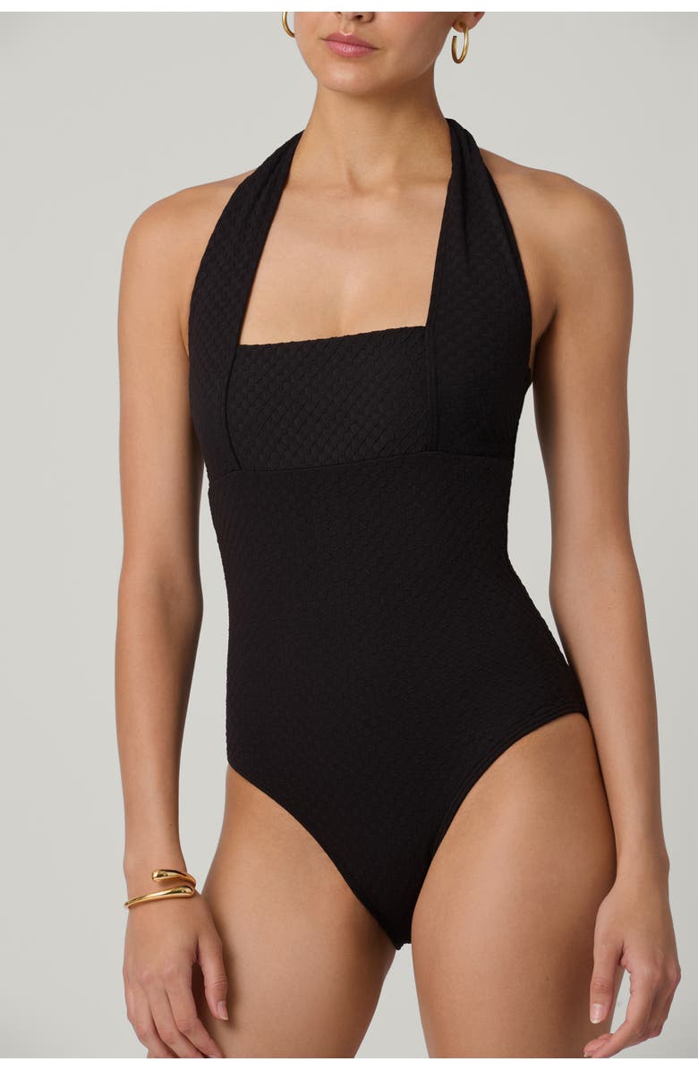 Shoshanna Checkered Texture Retro Halter One Piece, Alternate, color, Jet