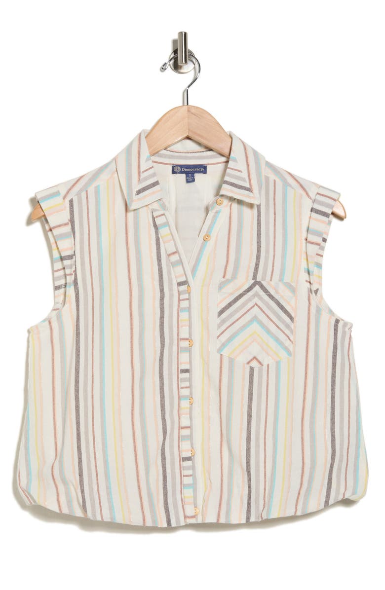 Democracy Stripe Cap Sleeve Button-Up Shirt, Alternate, color, Off White Multi
