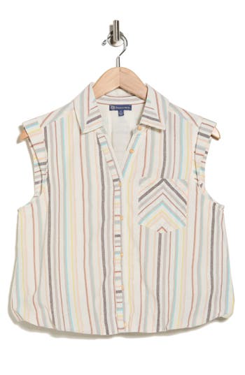 Democracy Stripe Cap Sleeve Button-up Shirt In Multi