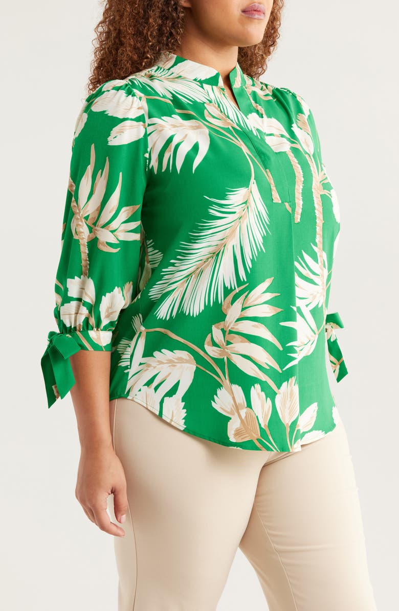 Anne Klein Palm Print Tie Cuff Crepe Top, Alternate, color, Tropical Green Multi