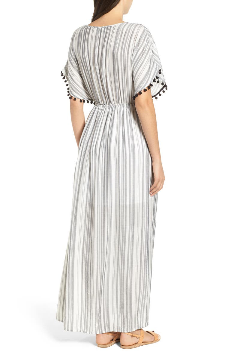 Stripe Pompom Trim Caftan, Alternate, color, IVORY BLACK