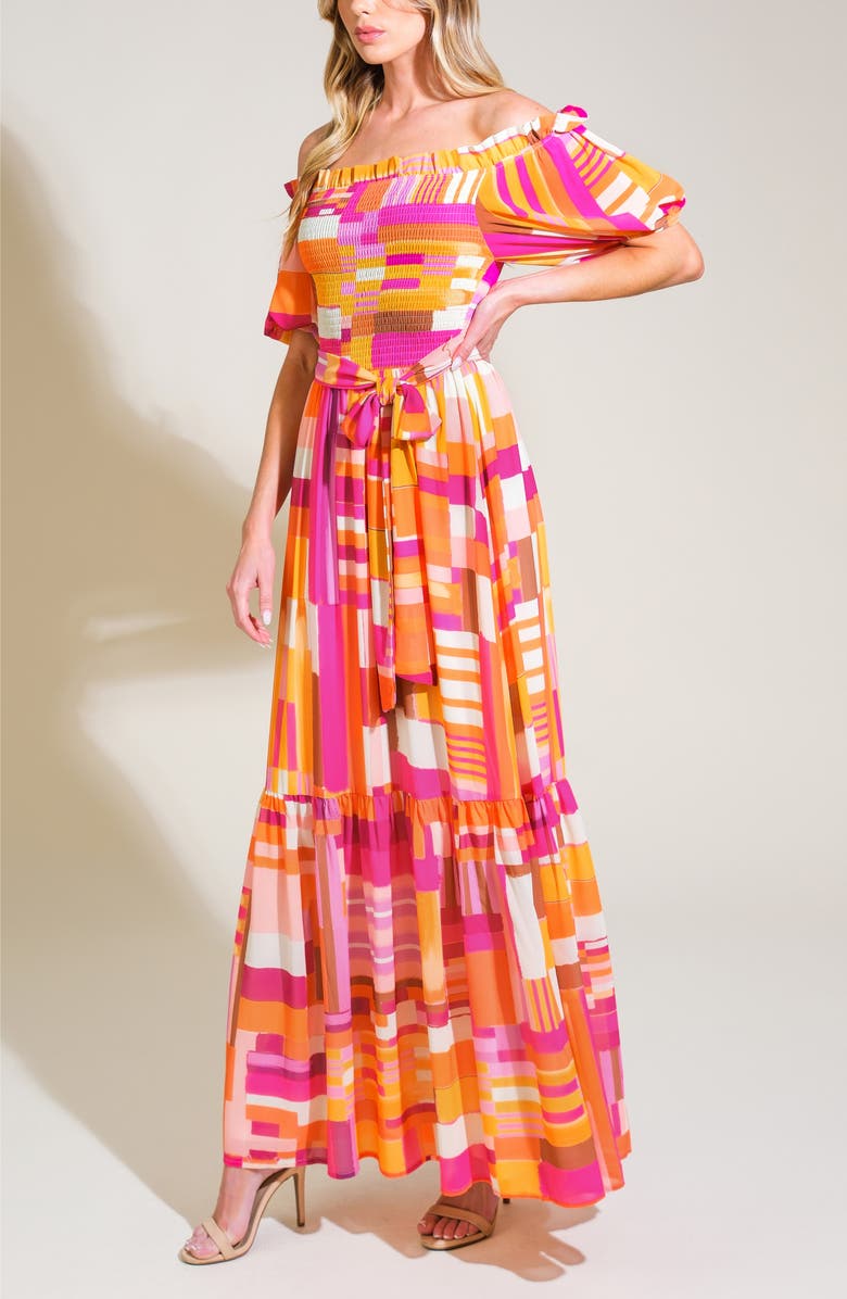 FLYING TOMATO Off the Shoulder Puff Sleeve Maxi Dress, Alternate, color, Rust Berry