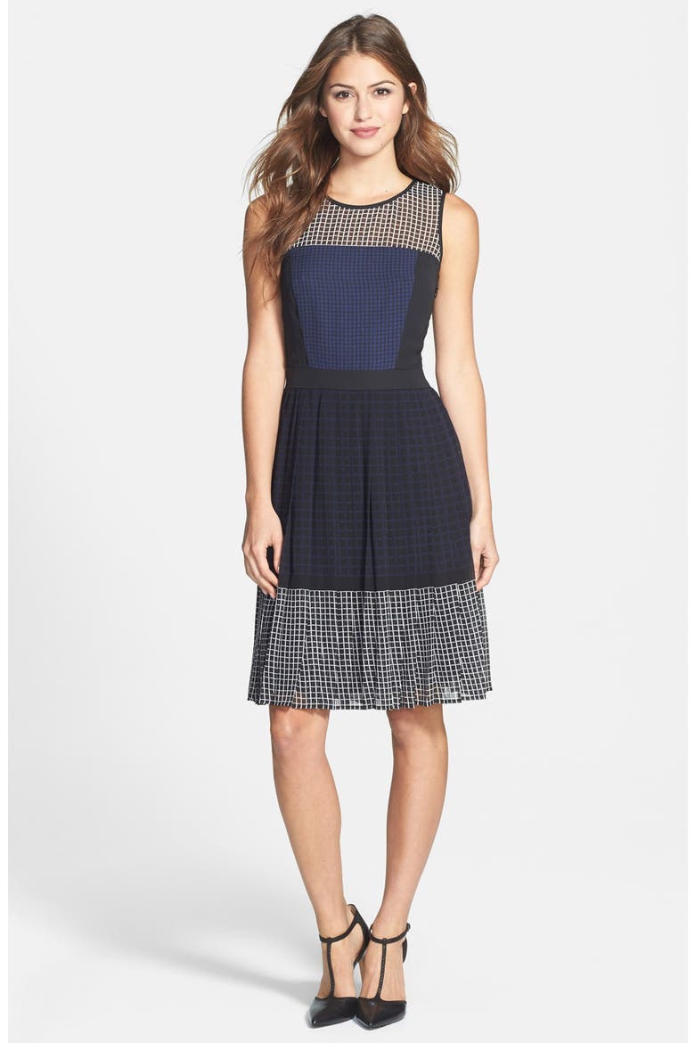 Print Fit & Flare Dress, Main, color, BLACK- NAVY ENGINEERED GRID