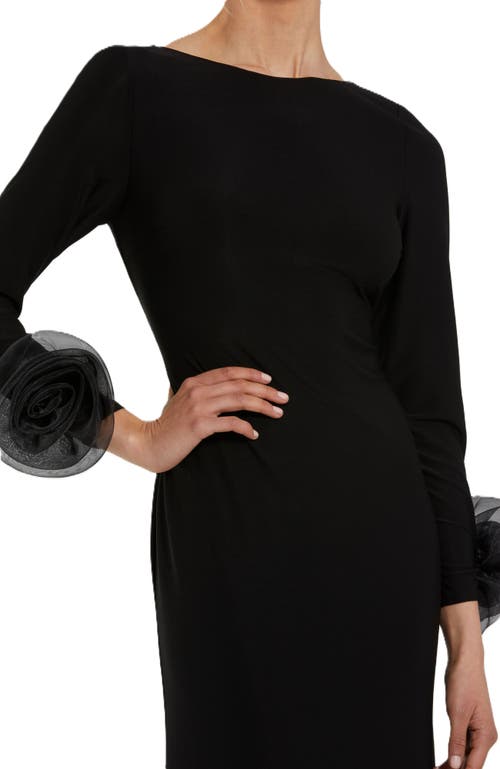 Mac Duggal Long Sleeve Fitted Jersey Gown With 3d Flowers In Black