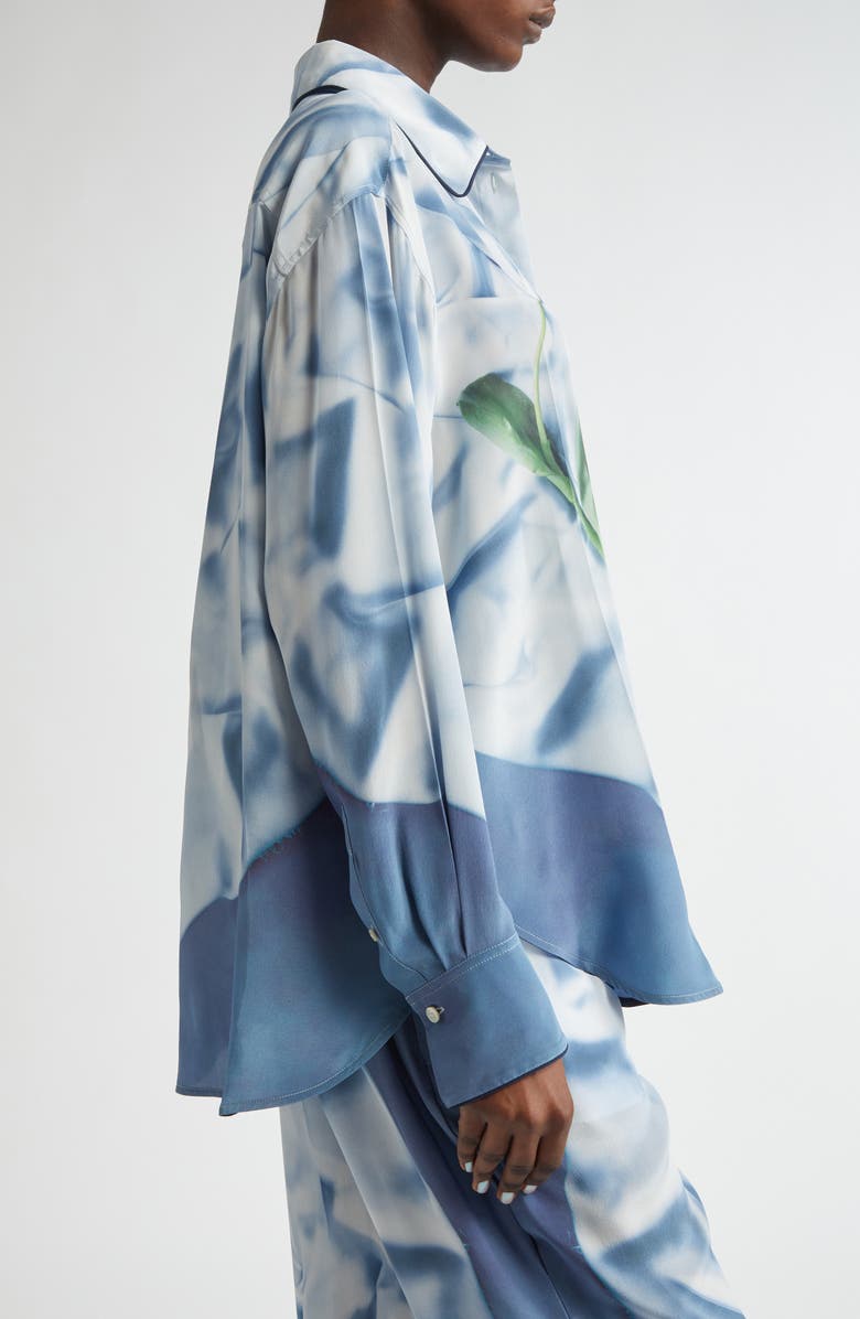 Victoria Beckham Piped Floral Silk Satin Button-Up Pajama Shirt, Alternate, color,