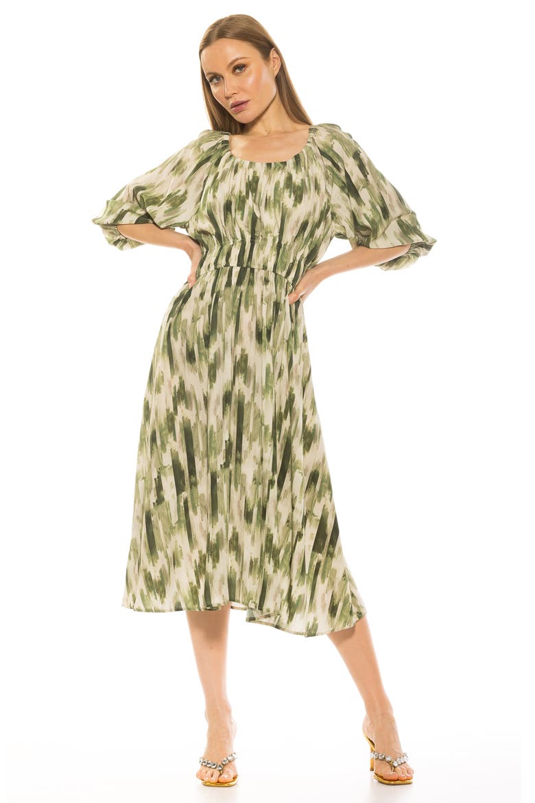 Emily Balloon Sleeve Fit & Flare Midi Dress, Alternate, color, GREEN ABSTRACT