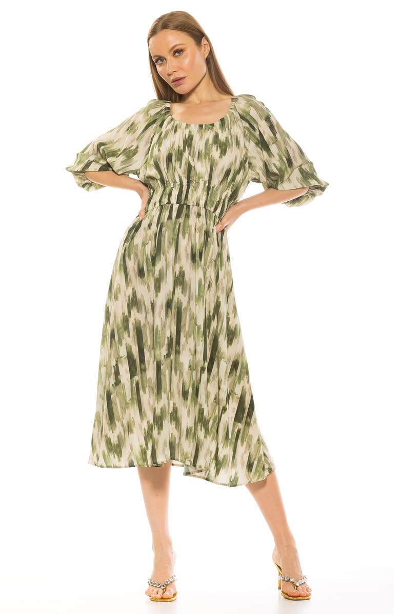 Alexia Admor Emily Balloon Sleeve Fit & Flare Midi Dress, Alternate, color, Green Abstract