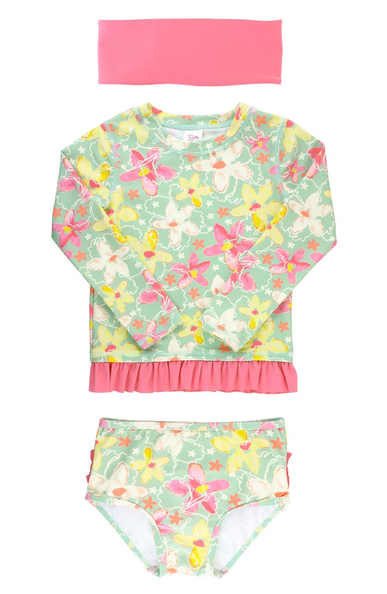 RuffleButts Waltzing On Water Two-Piece Rashguard Swimsuit & Head Wrap Set, Main, color,