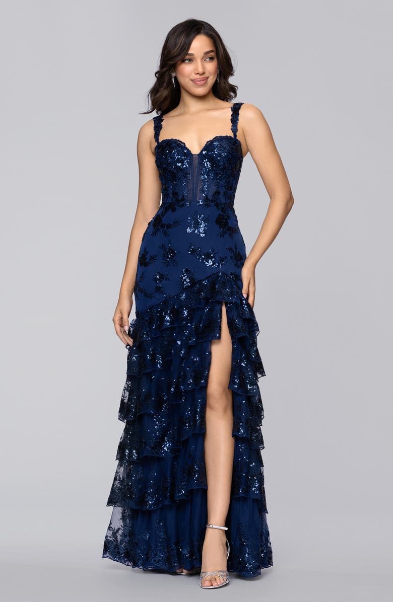 Blondie Nites Sequin Embroidered Tiered Tulle Gown, Alternate, color, Navy