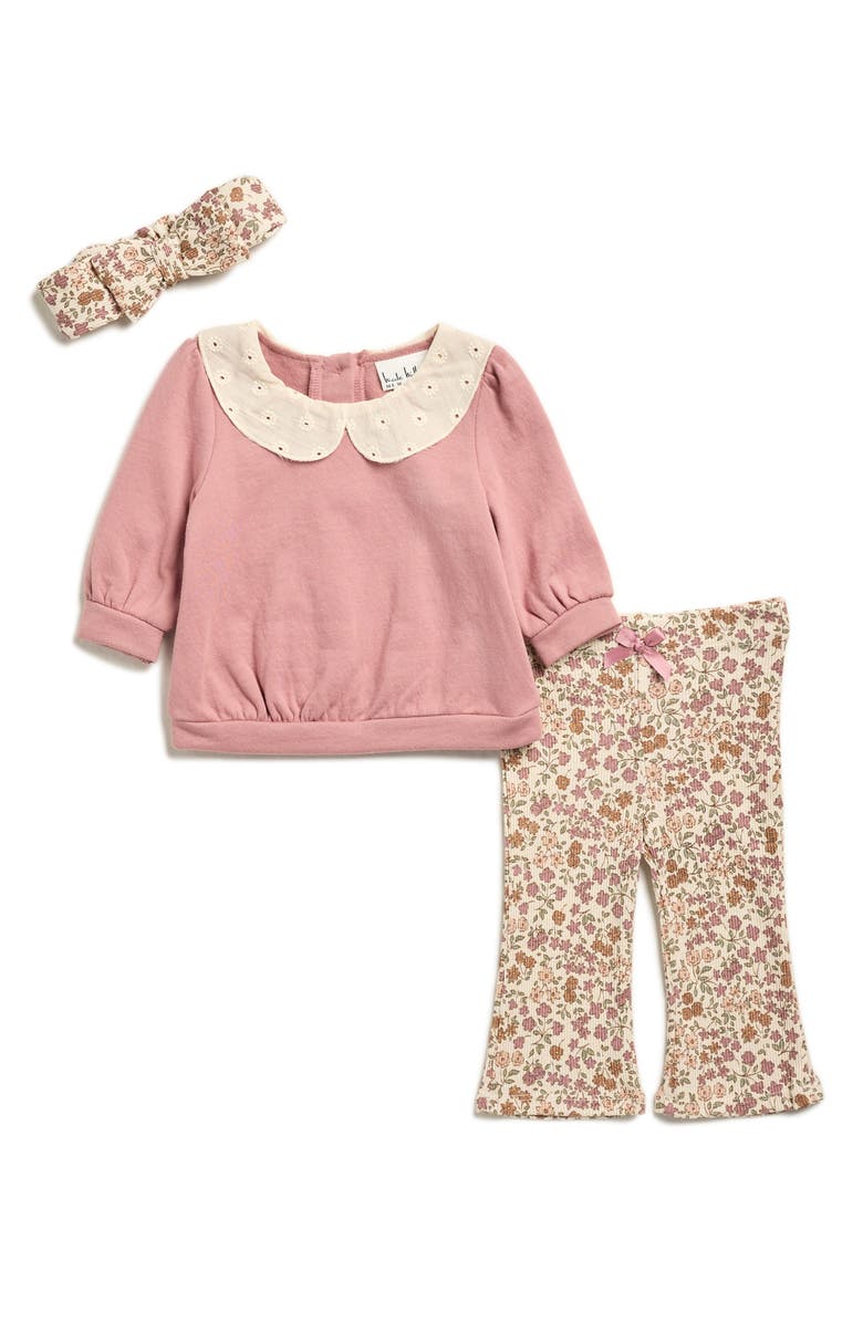 Nicole Miller Fleece Top, Floral Leggings & Headband Set, Main, color, Nostalgia Rose