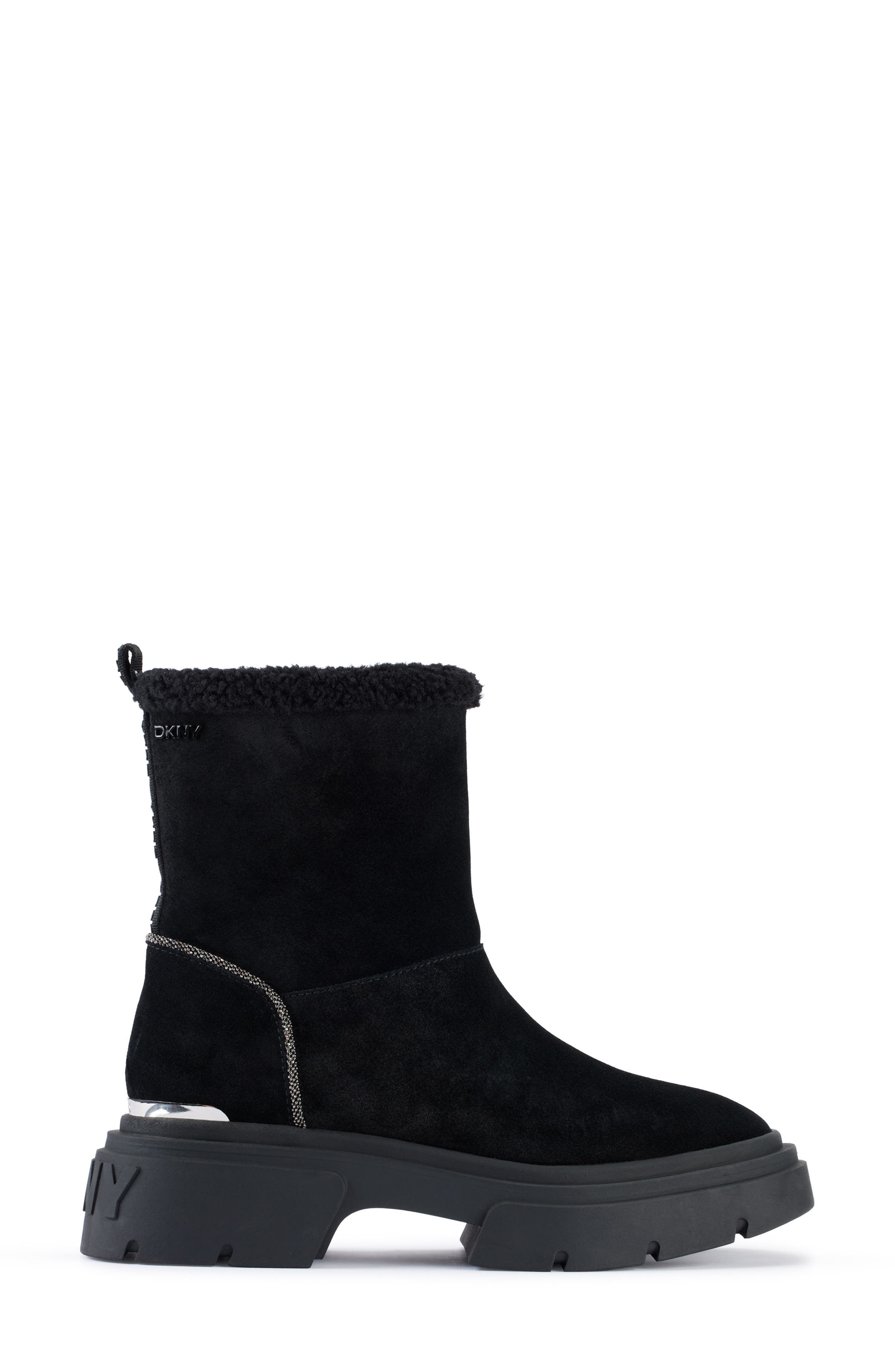 DKNY Frankie Faux Shearling Lug Sole Bootie, Alternate, color, Black