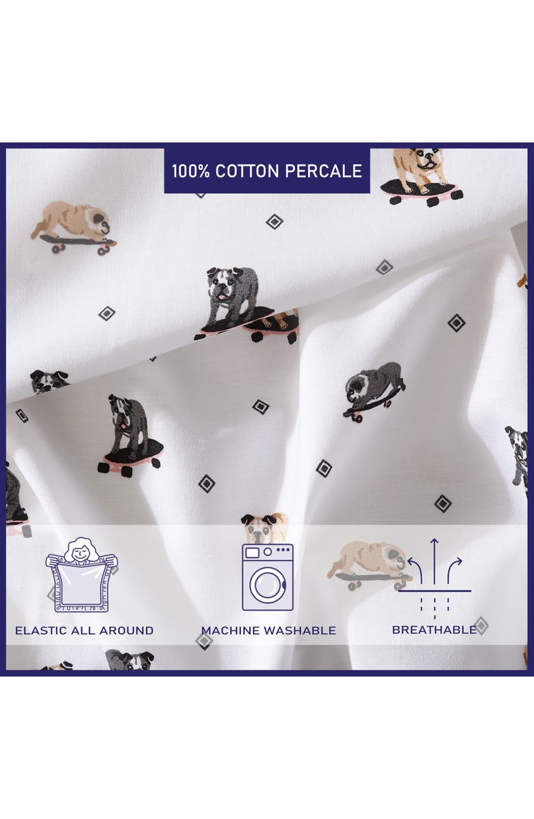 POPPY AND FRITZ Skateboarding Bulldogs 200 Thread Count Cotton Percale Sheet Set, Alternate, color, Grey