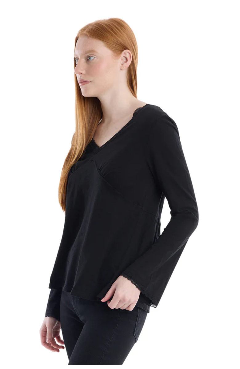 WILT Clothing V-Neck Long Sleeve Empire Seam Trapeze Tee with Lace Trims, Alternate, color, Black