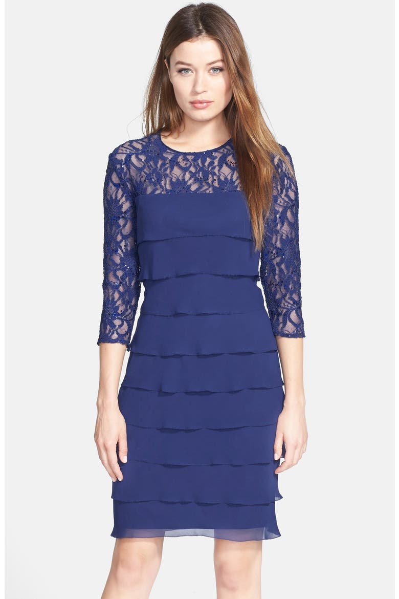 Tiered Chiffon & Lace Sheath Dress, Main, color, ELECTRIC BLUE