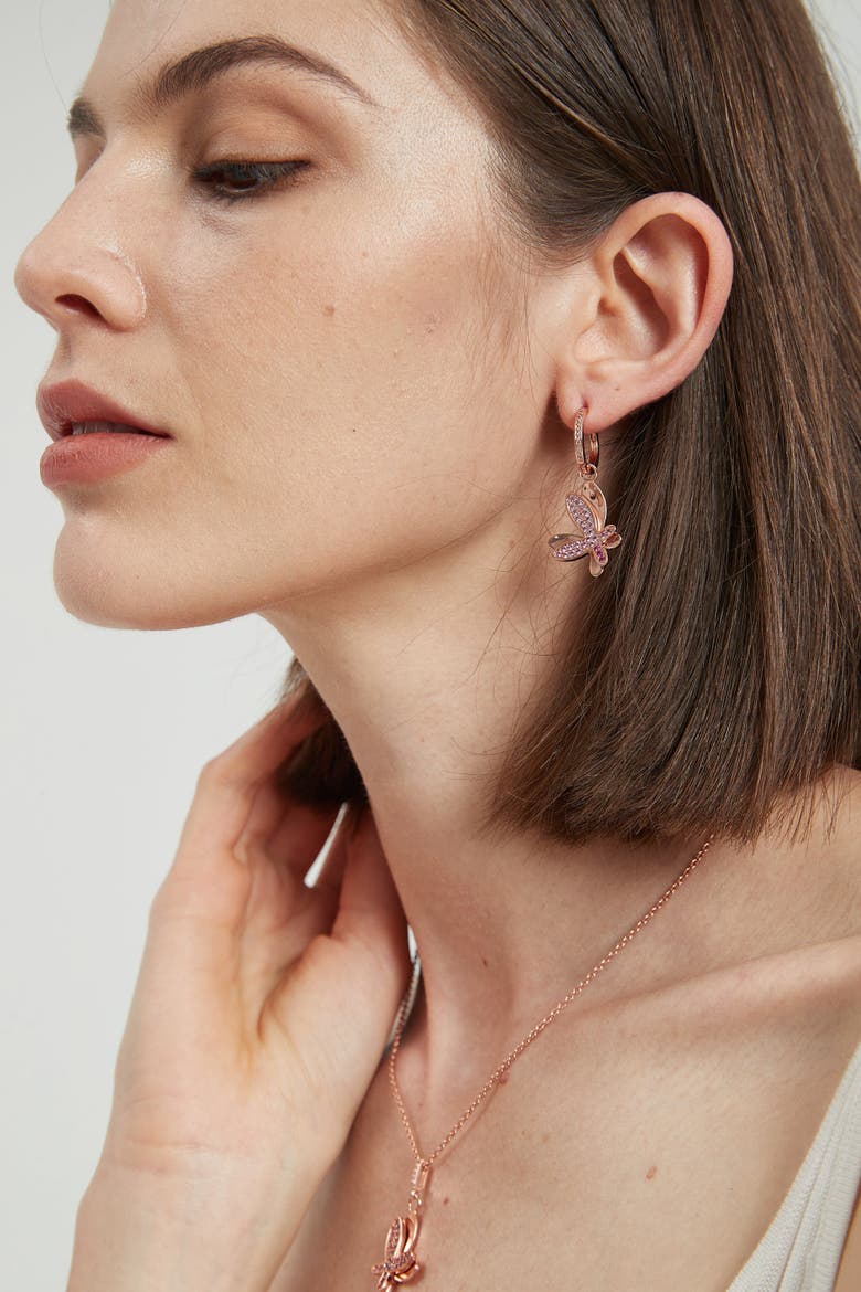 Pavé Butterfly Dangle Drop Hoop Earrings, Alternate, color, Rose Gold/Pink