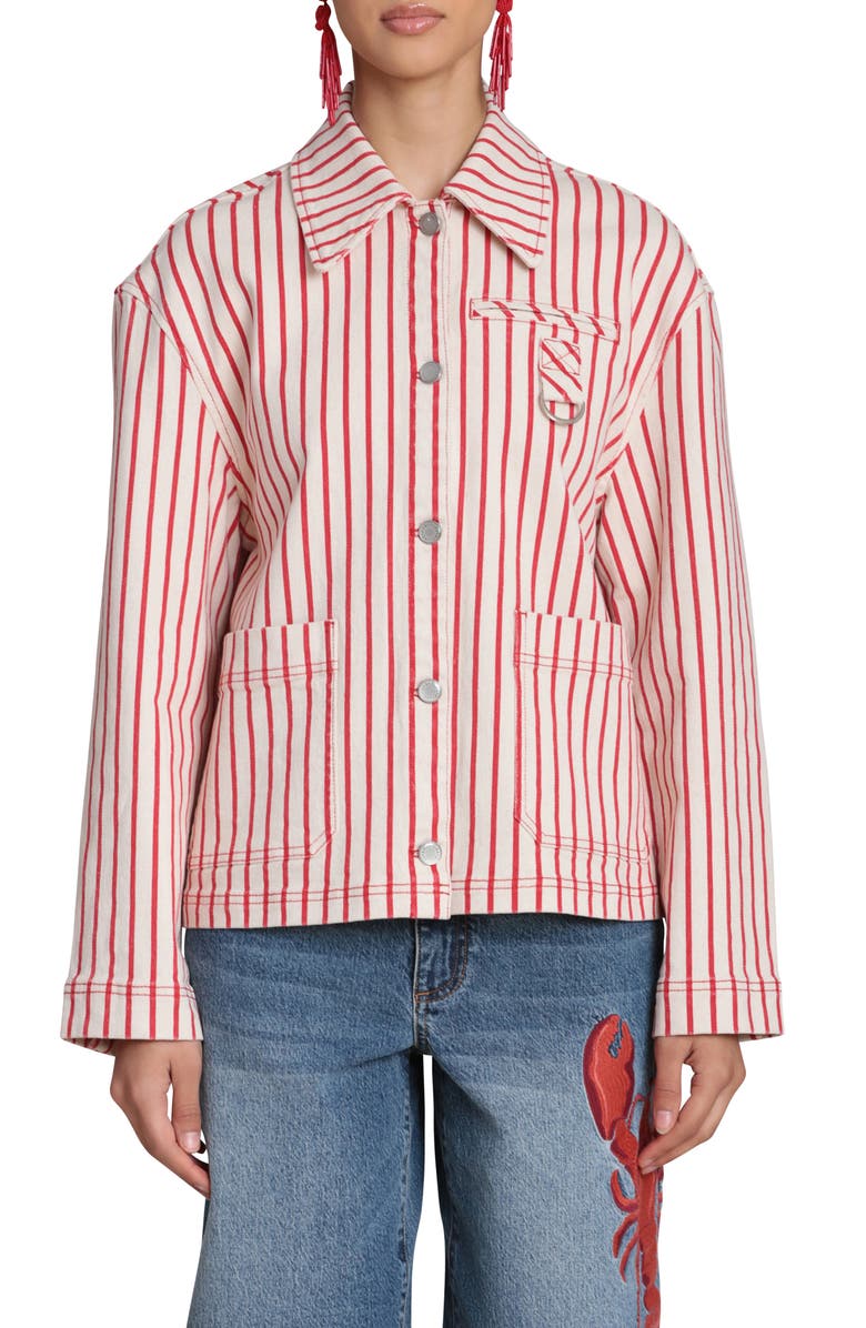 Avec Les Filles Short Stripe Chore Jacket, Main, color, Cream-Red Stripe