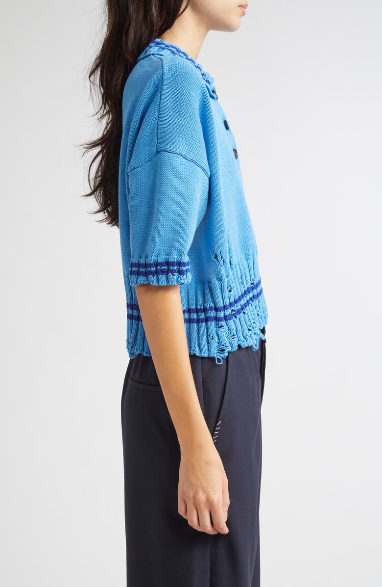 Marni Mending Logo Distressed Boxy Cotton Polo Sweater, Alternate, color, V2b52 Azure