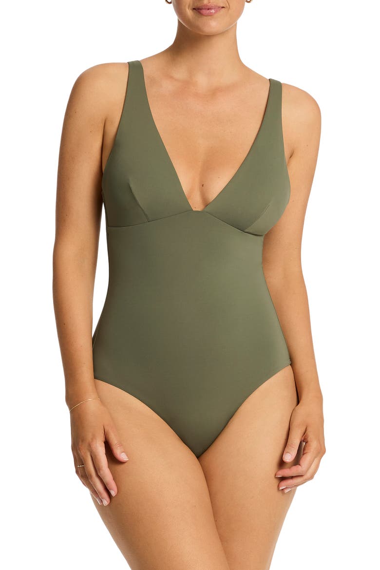 Essentials Longline One-Piece Swimsuit, Main, color, KHAKI