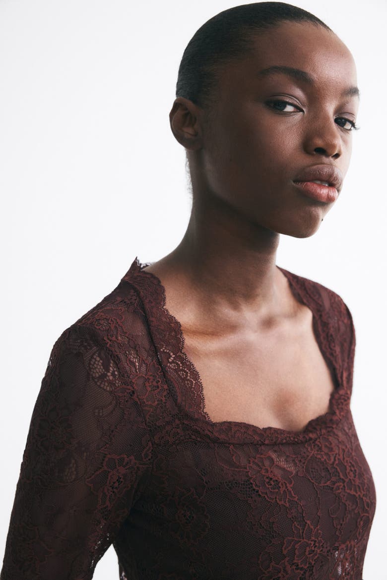 Square-neck Lace Dress, Alternate, color, Dark brown