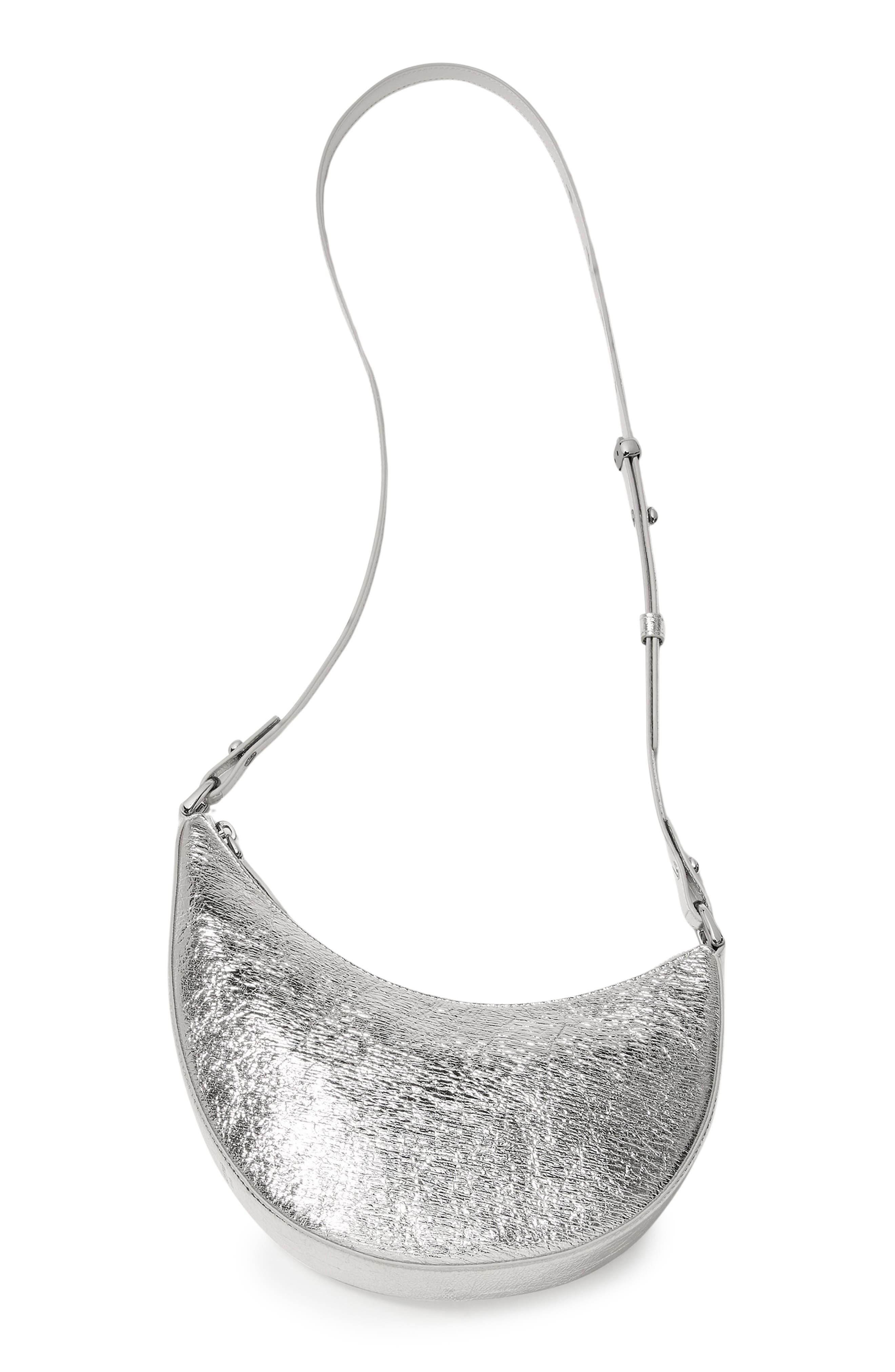 mini duo crinkle metallic leather crossbody bag, Alternate, color, SILVER