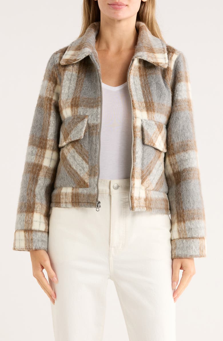 Lucky Brand Missy Zip Up Crop Jacket, Alternate, color, Light Grey Plaid