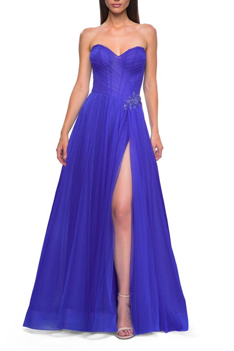 Strapless A-line Tulle Dress with Floral Waist Detail