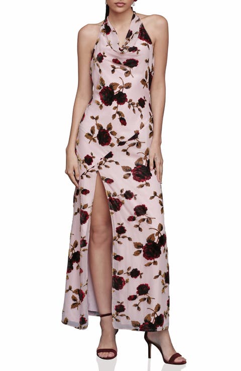 Floral Devoré Halter Maxi Cocktail Dress