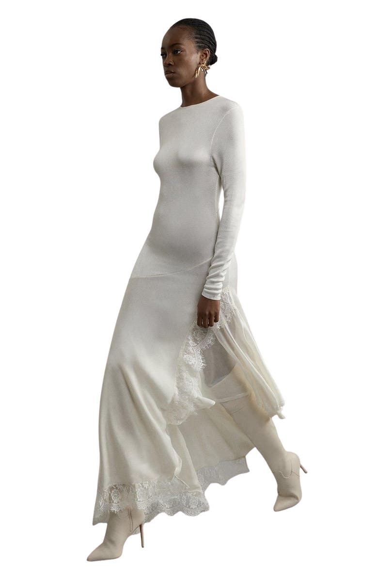 Karen Millen Slinky Lace Asymmetric Maxi Dress, Main, color, Cream