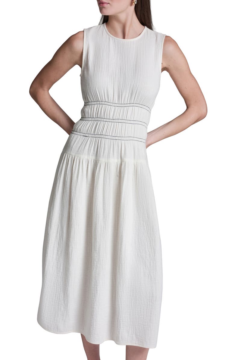 BCBG Cotton Double Gauze Midi Dress, Alternate, color, Whisp White