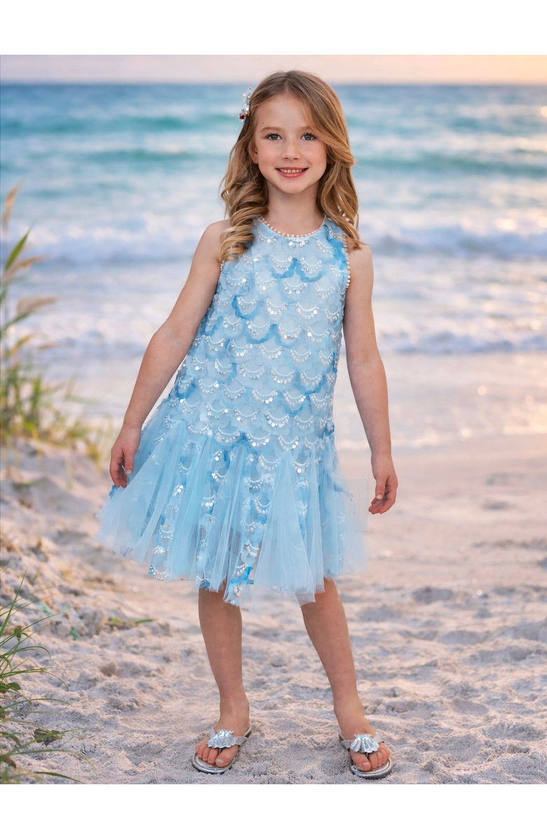 Mia Belle Girls Charming Mermaid Sequin Tulle Dress, Alternate, color, Blue
