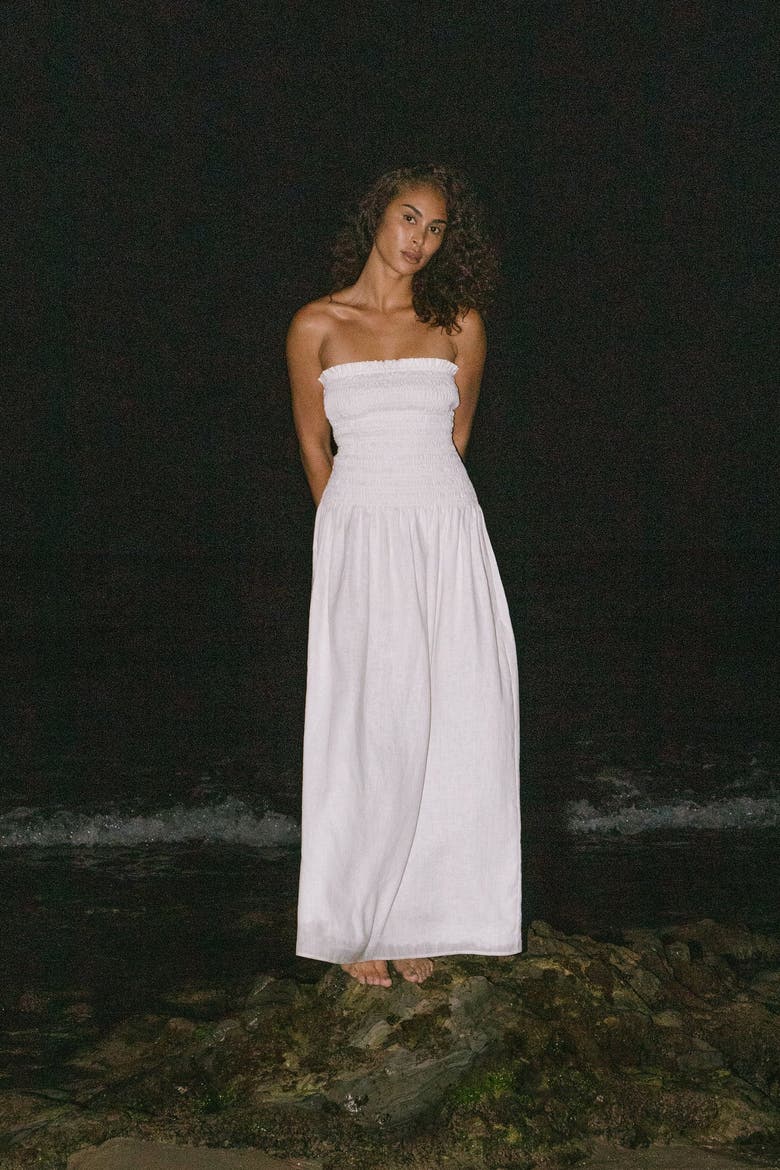 Elle Strapless Smocked Maxi Linen Dress, Alternate, color, White