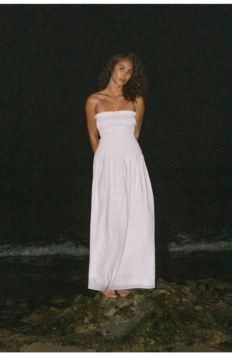 nuaje nuaje Elle Strapless Smocked Maxi Linen Dress, Alternate, color, White