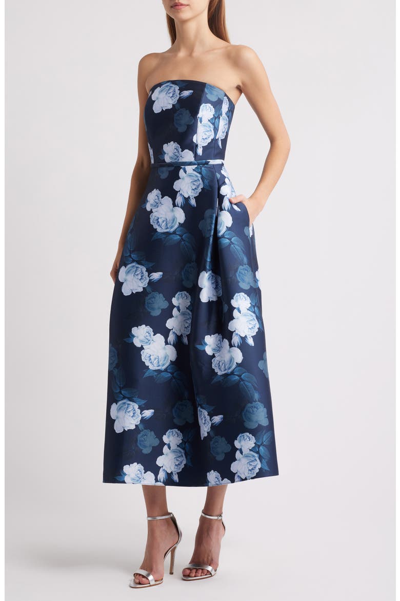 Shay Floral Strapless Stretch Mikado Cocktail Midi Dress, Main, color, MIDNIGHT GLACIAL ROSE