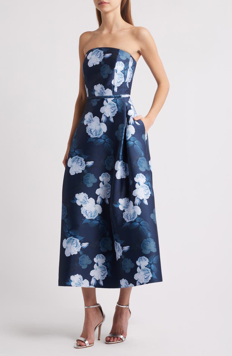 Sachin & Babi Shay Floral Strapless Stretch Mikado Cocktail Midi Dress, Main, color,