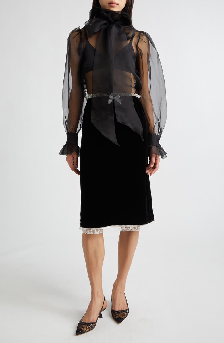 Tanner Fletcher Gender Inclusive Simone Pussy Bow Sheer Silk Organza Shirt, Alternate, color, Black