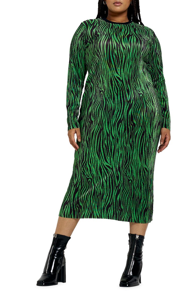 River Island Animal Print Plissé Long Sleeve Column Midi Dress, Main, color, 