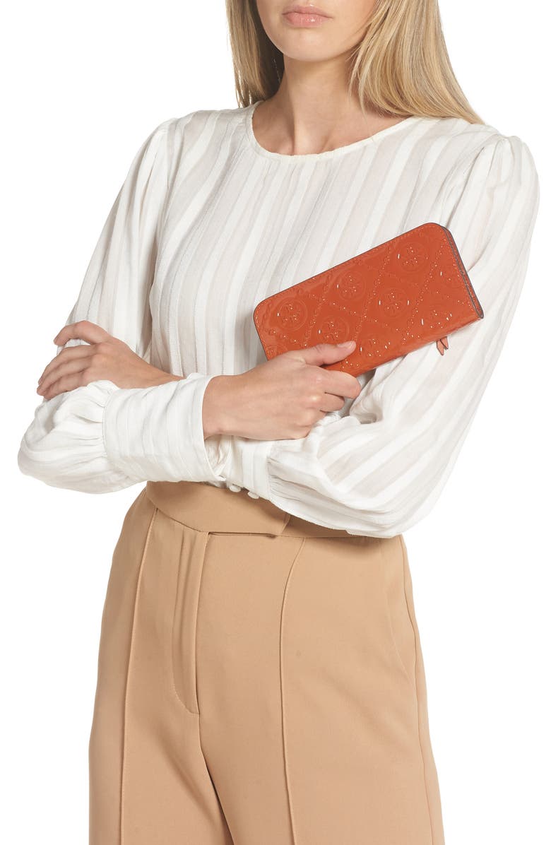 Tory Burch T Monogram Embossed Patent Leather Slim Zip Wallet, Alternate, color, 