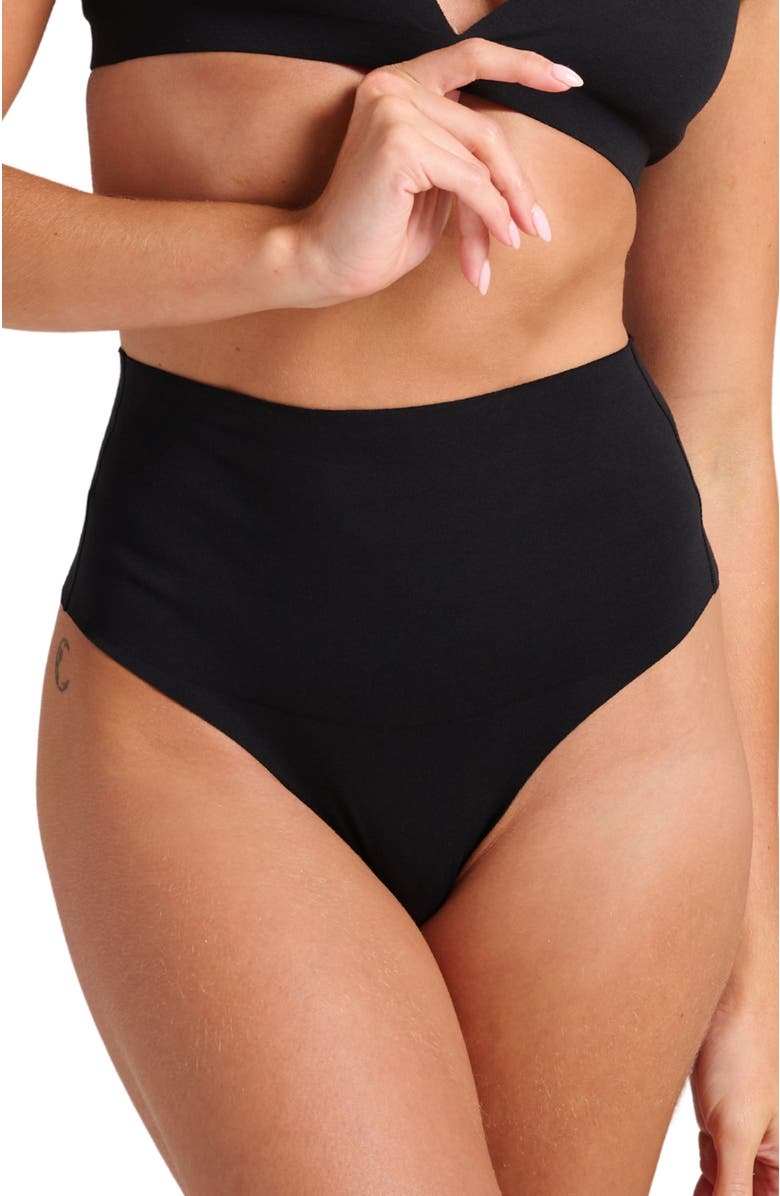 Siella Organic Cotton No-Show Shaping Thong, Main, color, Black