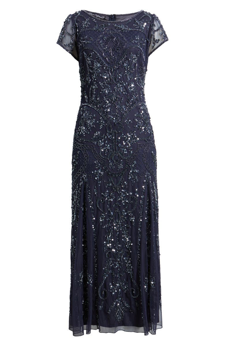 Pisarro Nights Beaded Mesh Midi Cocktail Dress, Alternate, color, Deep Slate