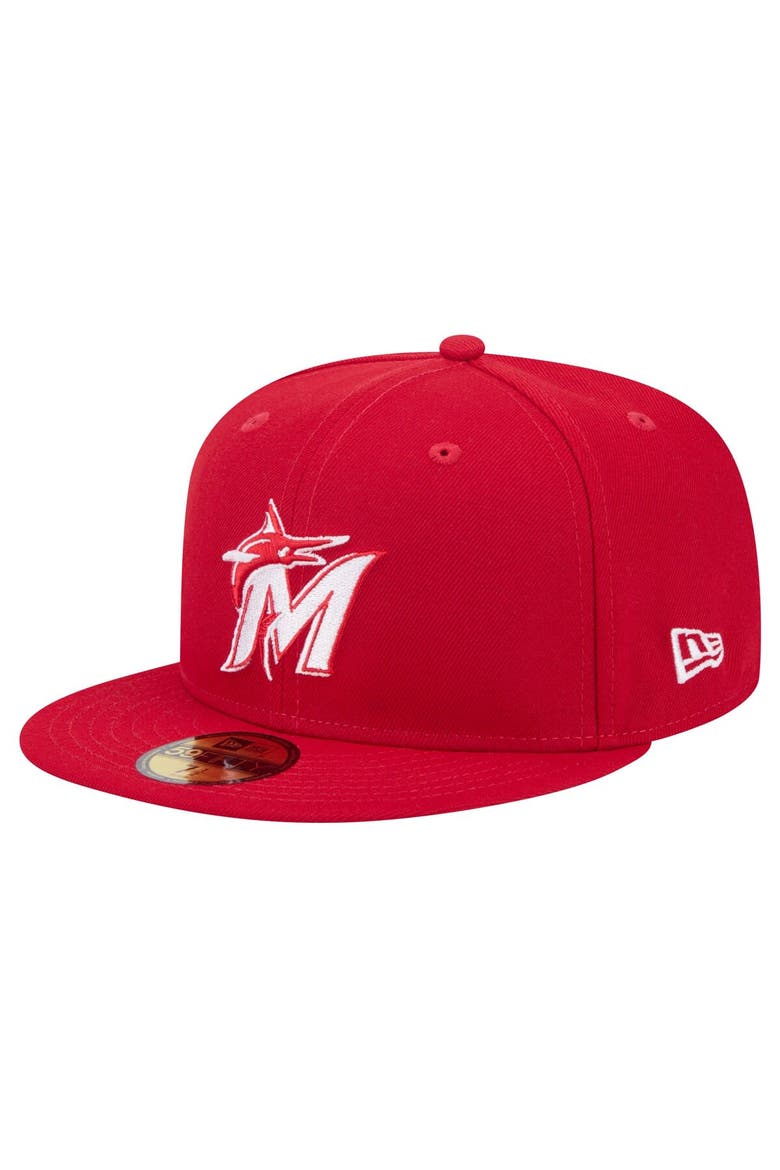 Men's New Era Red Miami Marlins White Logo 59FIFTY Fitted Hat, Main, color, Red