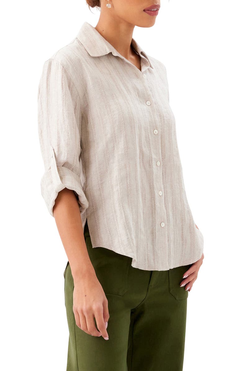 Karen Kane Stripe Linen Button-Up Shirt, Alternate, color, Oatmeal