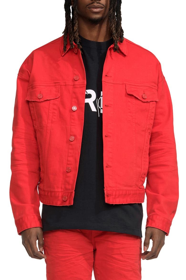 Lava Palms Oversize Stretch Denim Trucker Jacket, Main, color, RED